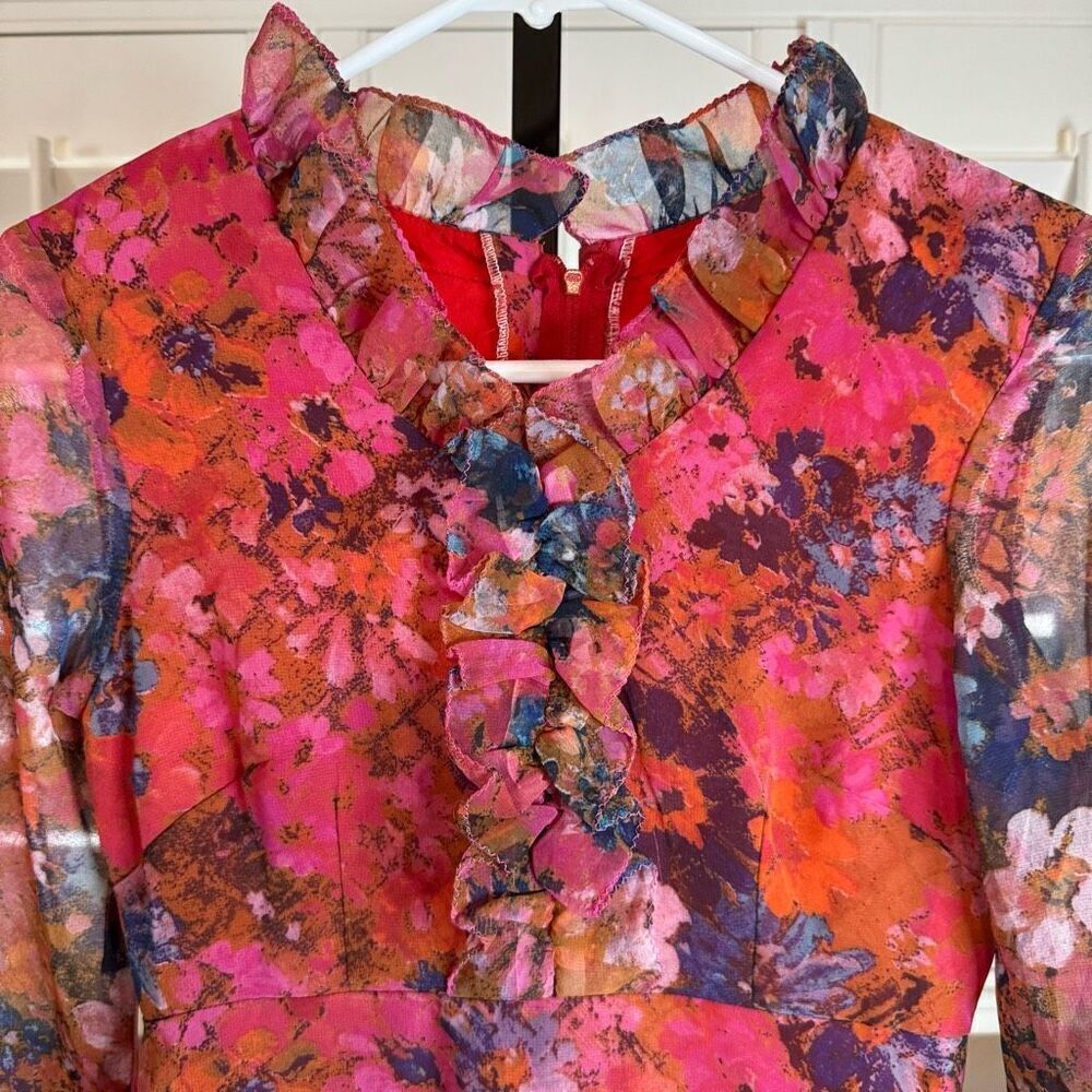 Vintage XS Sheer Sleeve Floral Maxi Dress Ruffle Pink Orange Feminine Fairycore - Picture 3 of 9